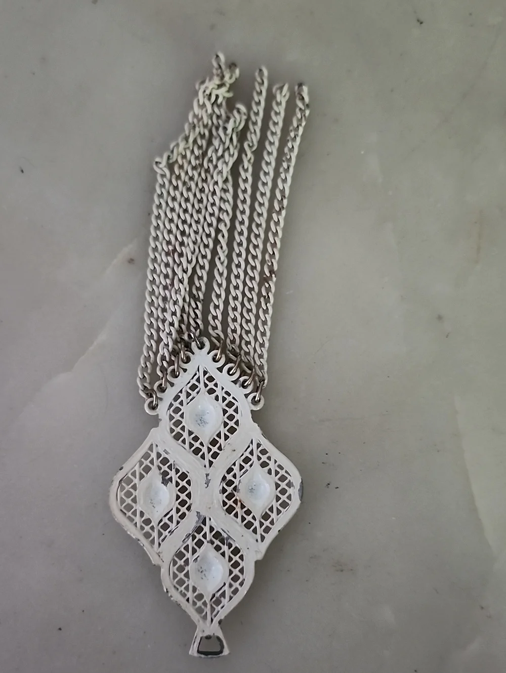 Vtg Unique White Filigree Tassel Pendant with Red Accents